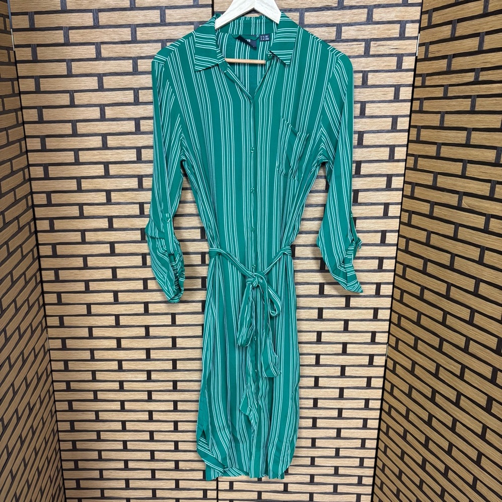 Maeve Green And White Stripe Button‎ Front Midi Dress Size 6